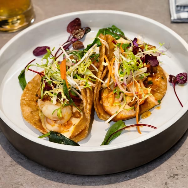 Two gourmet tacos with shrimp, shredded vegetables, and sauce on a white plate.